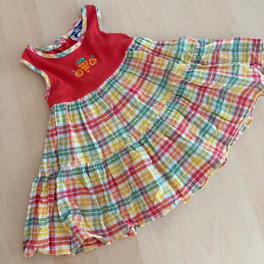 Sun Valley vintage kids plaid dress with fruit embroidery 2T
